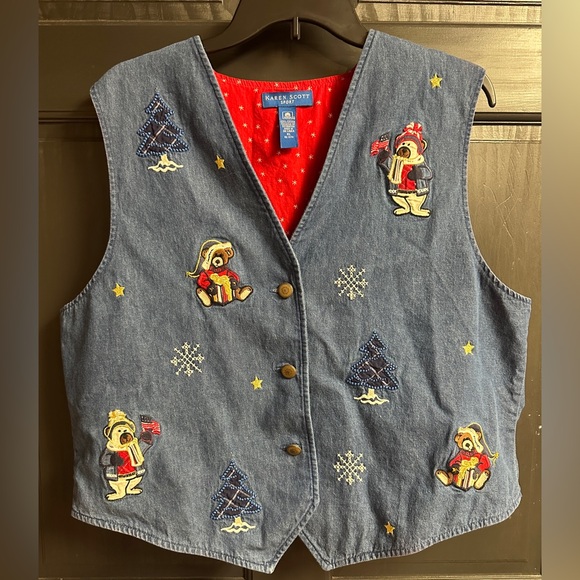 Karen Scott Jackets & Blazers - Karen Scott Sport Blue Jean Patriotic Themed Holiday 3-Button Vest Women’s Sz XL
